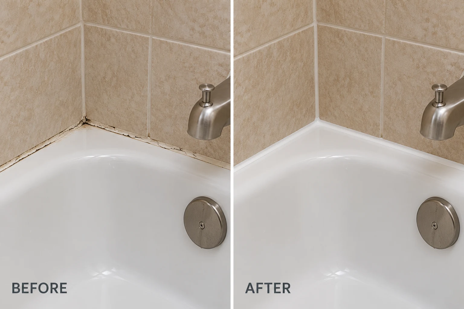 Kitchen & Bathroom Caulking: illustrative before-and-after comparison of the same setting