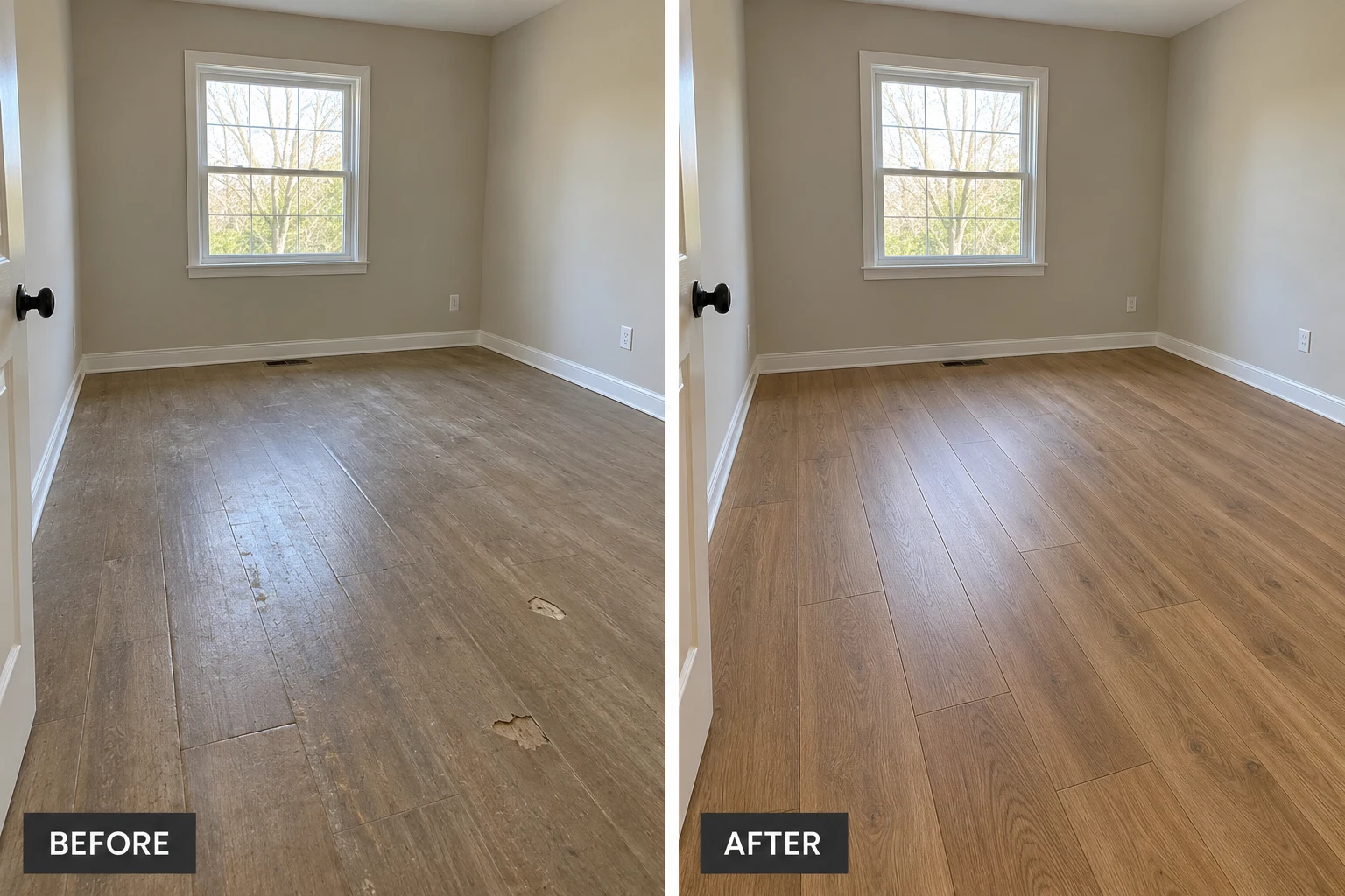 Laminate Flooring Installation & Repair: illustrative before-and-after comparison of the same setting
