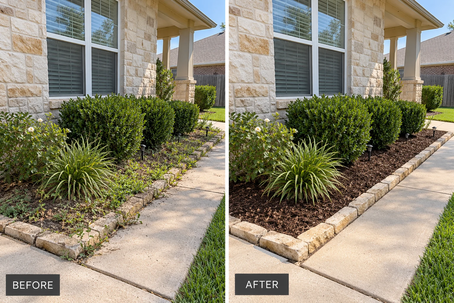 Landscaping Services: illustrative before-and-after comparison of the same setting