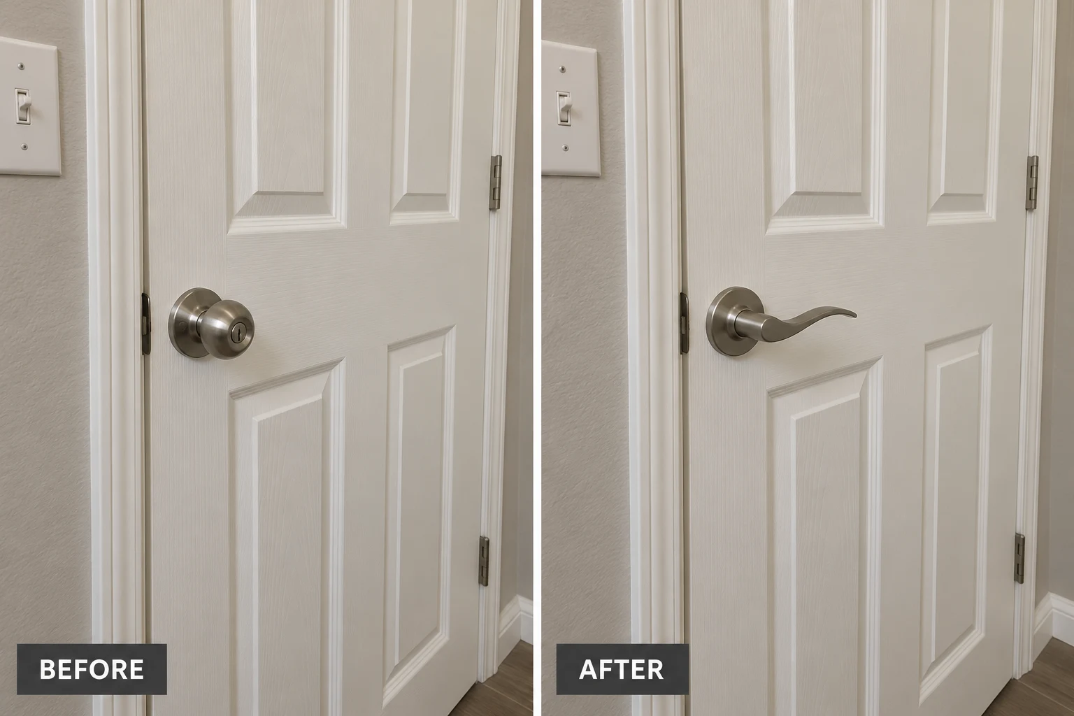 Lever Door Handle Replacement Lever Door Handle Replacement: illustrative before-and-after comparison of the same setting