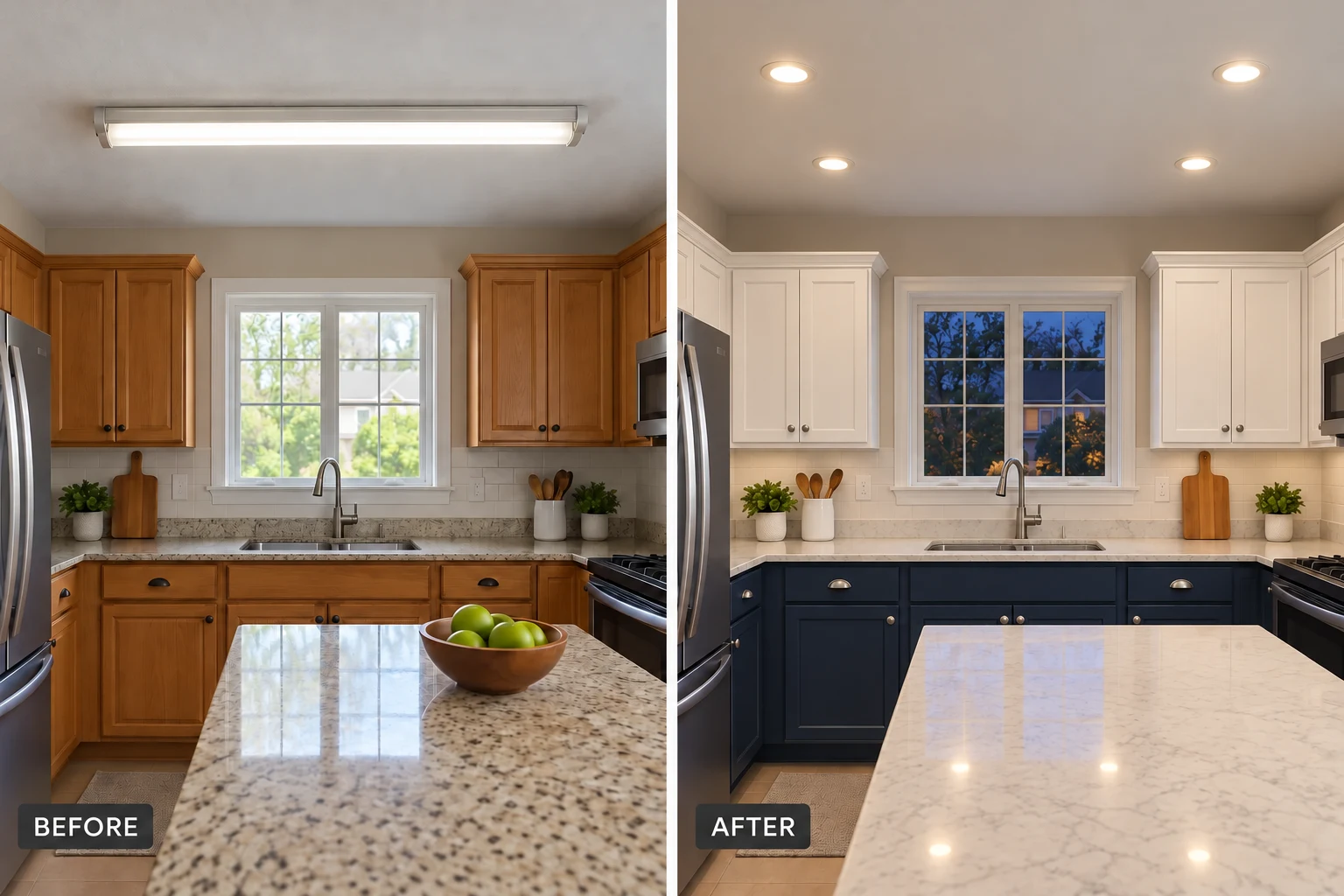 Lighting Installation & Repair Lighting Installation & Repair: illustrative before-and-after comparison of the same setting