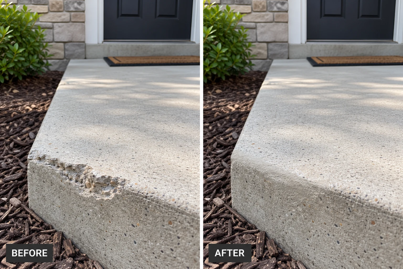 Masonry & Concrete Repair: illustrative before-and-after comparison of the same setting