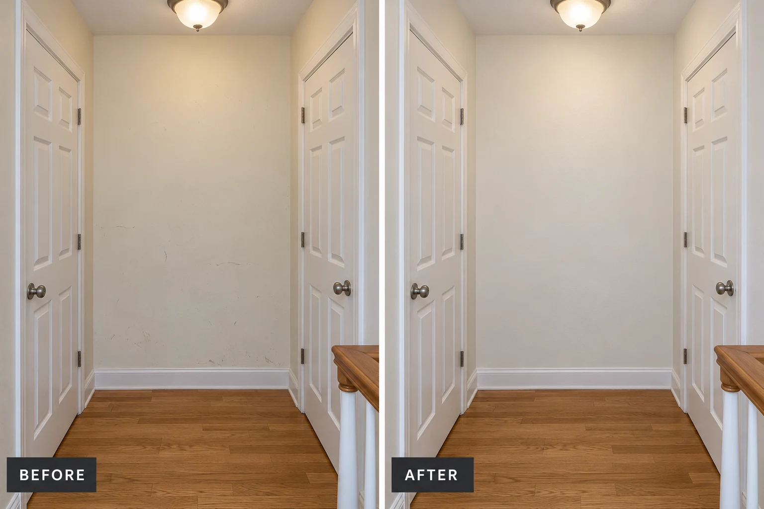Miscellaneous interior painting illustrative before and after comparison showing the same setting before and after the service