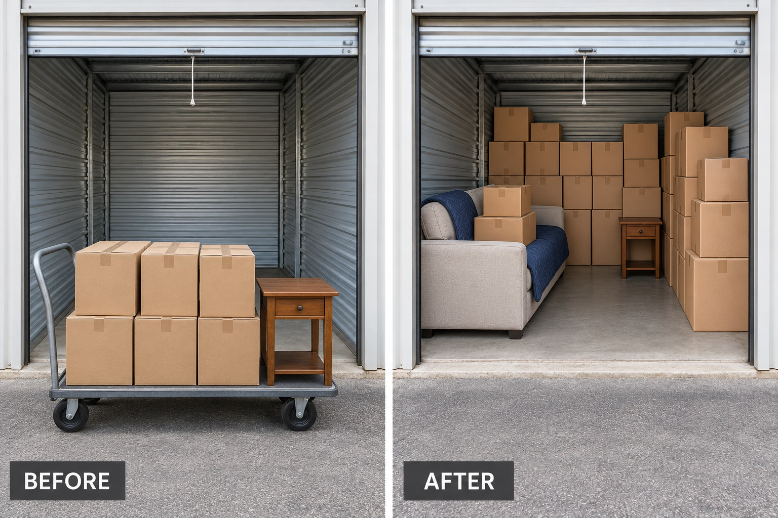 Moving Help & Storage Unit Transfers Moving Help & Storage Unit Transfers: illustrative before-and-after comparison of the same setting