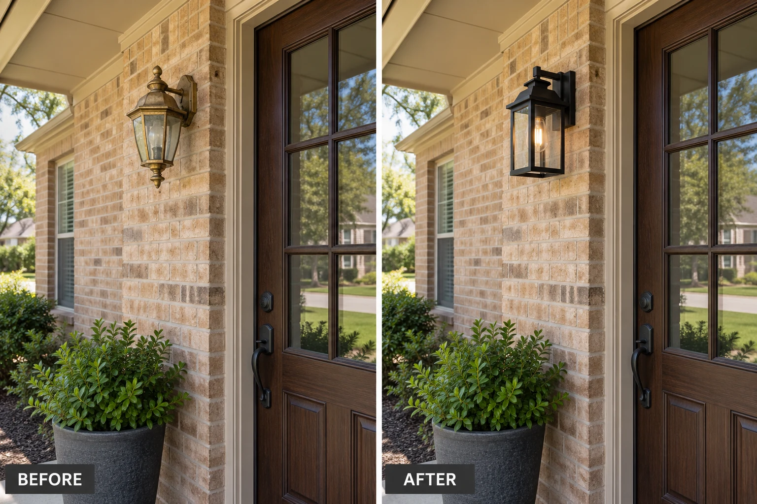 Outdoor Lighting Installation: illustrative before-and-after comparison of the same setting