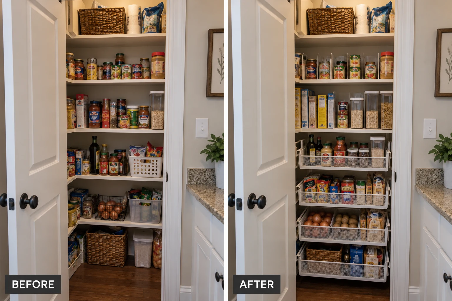 Pantry Storage Improvements Pantry Storage Improvements: illustrative before-and-after comparison of the same setting