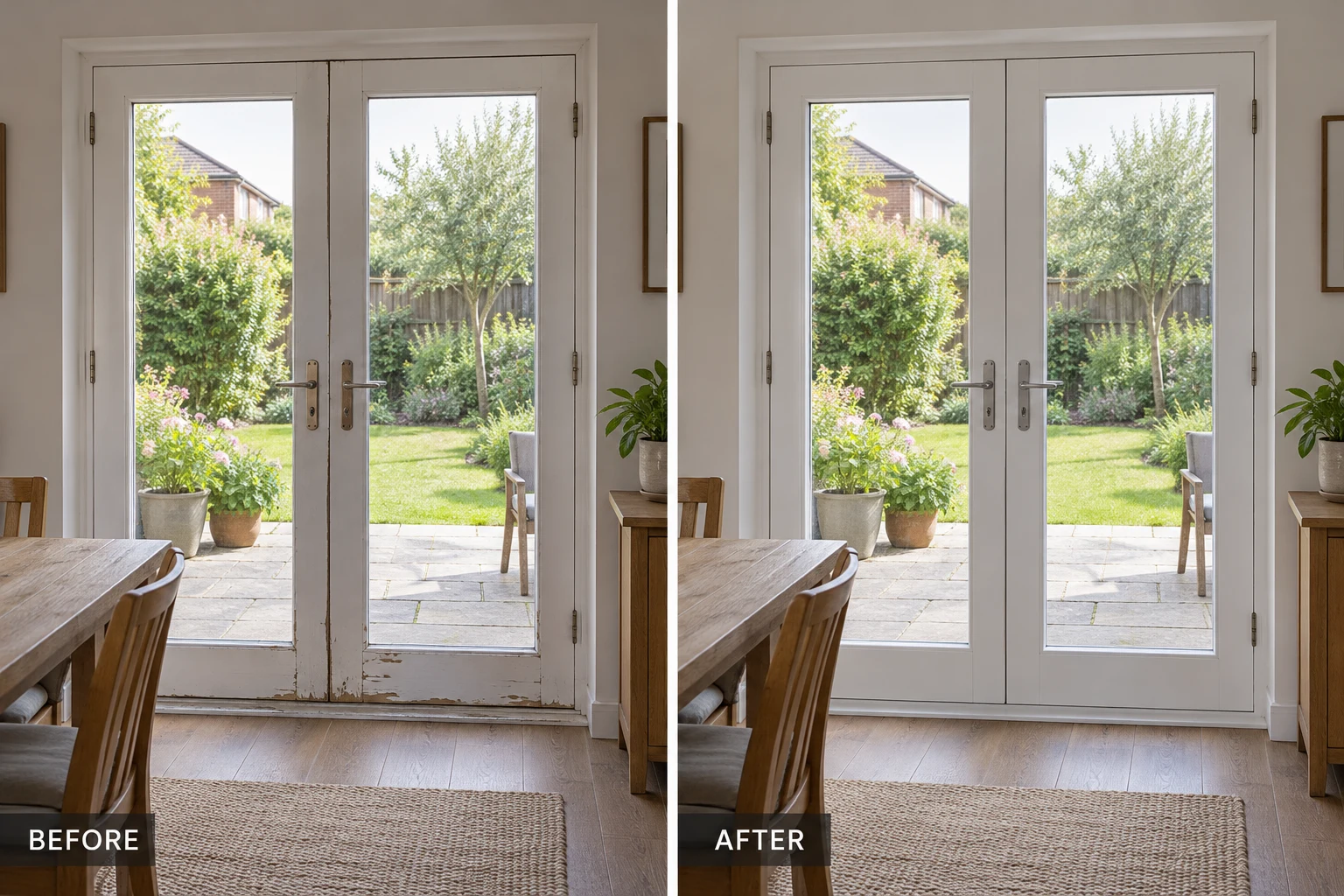 Patio Door Installation & Repair Patio door repair illustration showing worn French doors and a restored matching finish