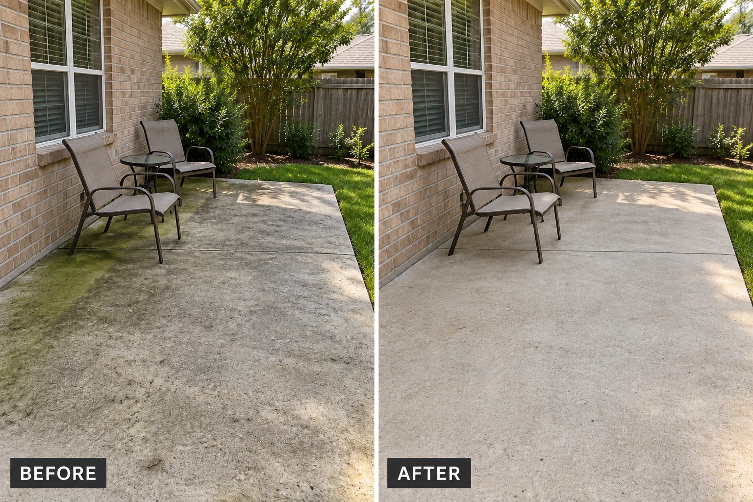 Patio & Flatwork Pressure Washing Patio & Flatwork Pressure Washing: illustrative before-and-after comparison of the same setting