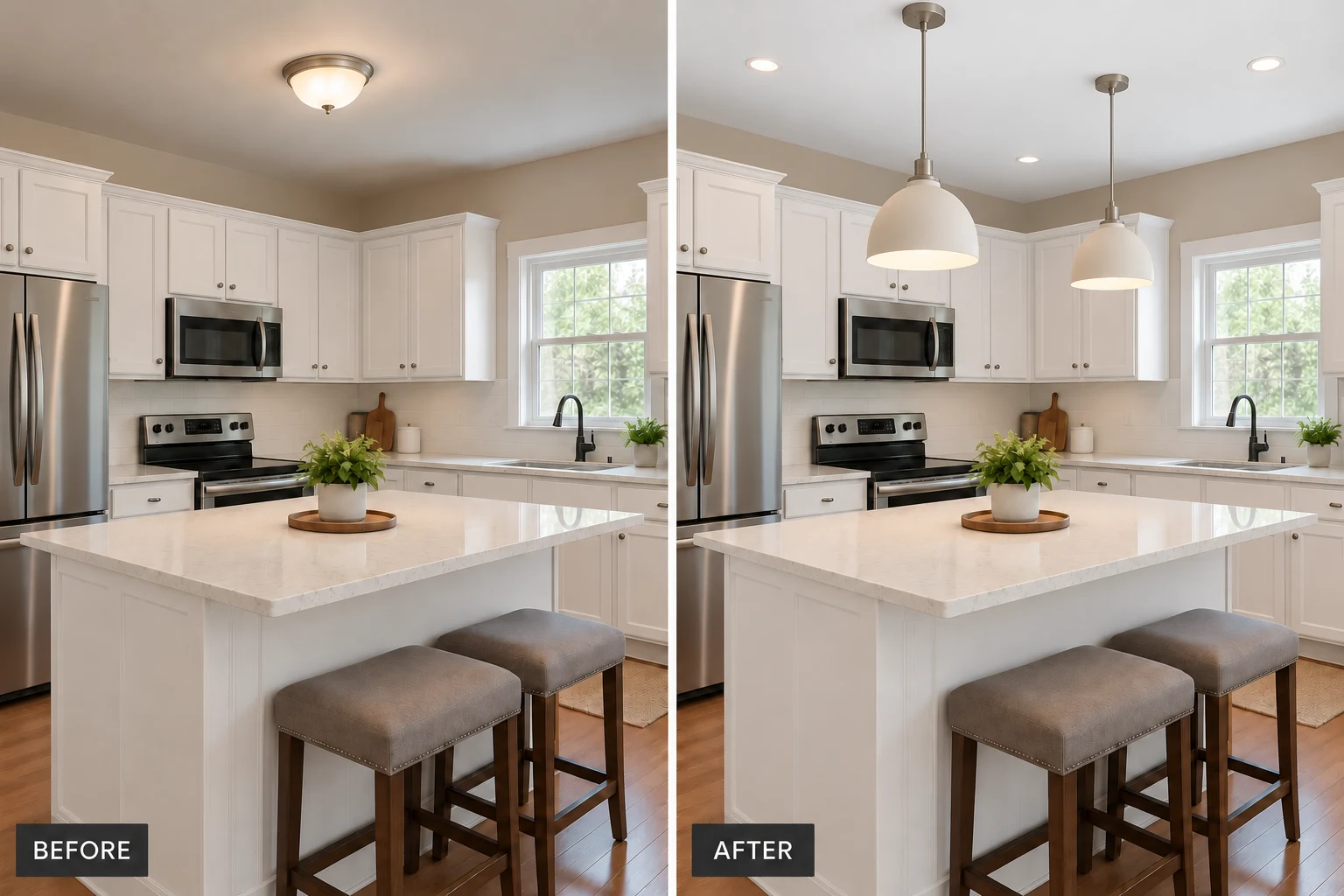Pendant & Track Lighting Installation Pendant & Track Lighting Installation: illustrative before-and-after comparison of the same setting