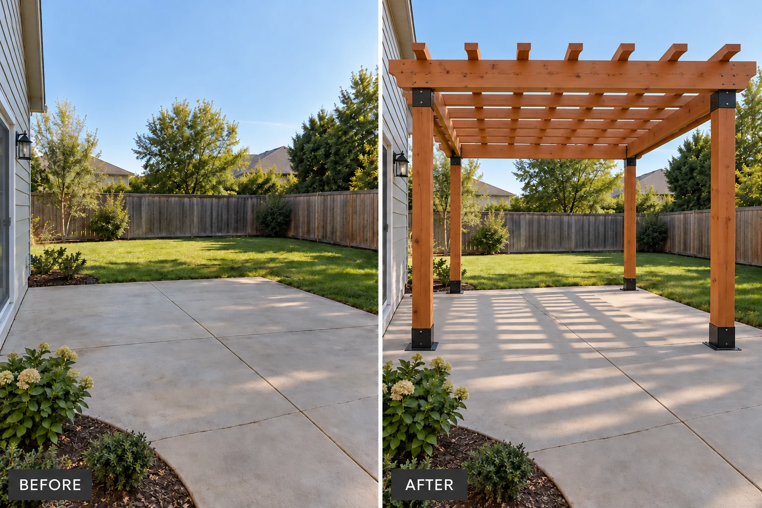 Pergola Building: illustrative before-and-after comparison of the same setting
