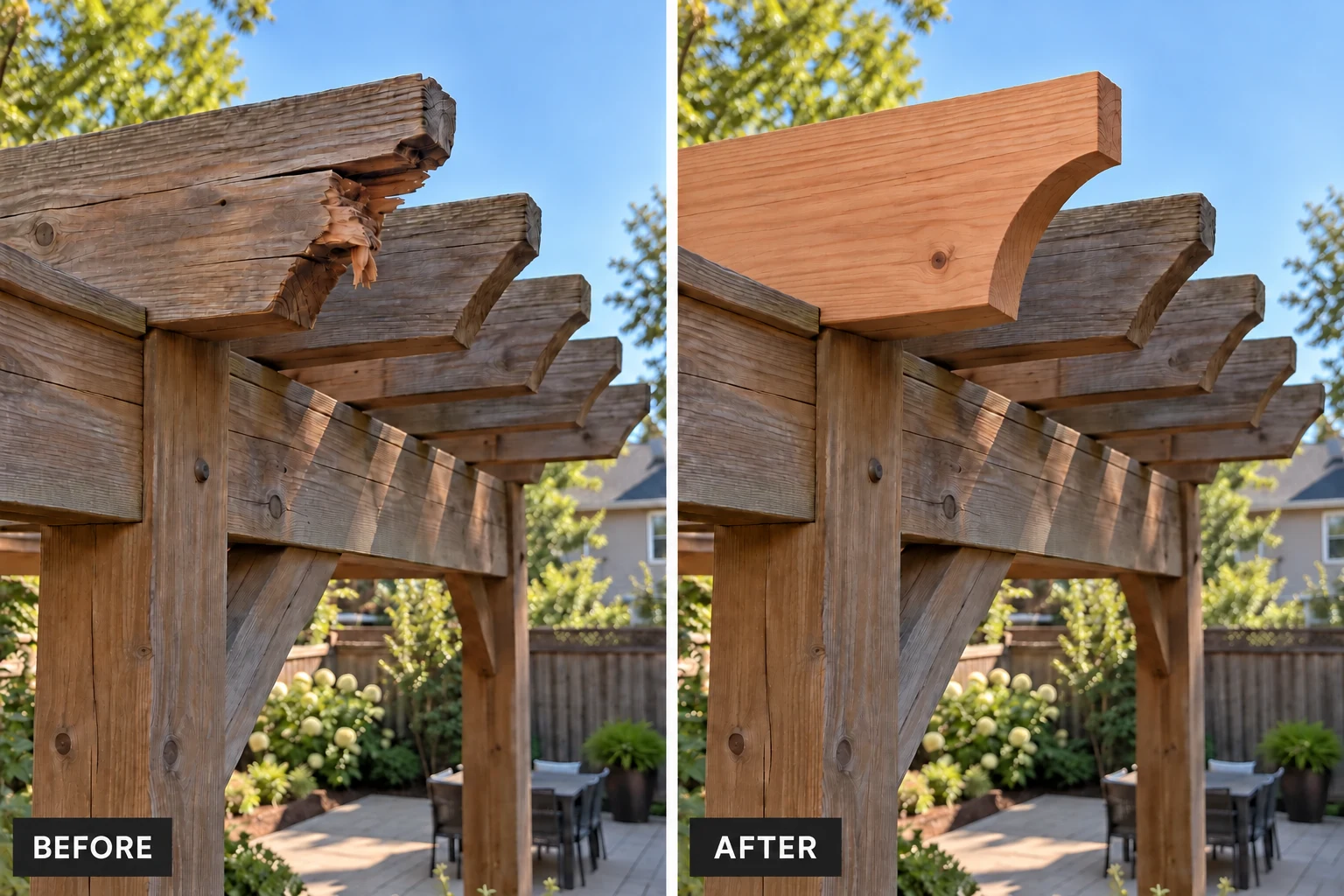 Pergola Repair Pergola Repair: illustrative before-and-after comparison of the same setting