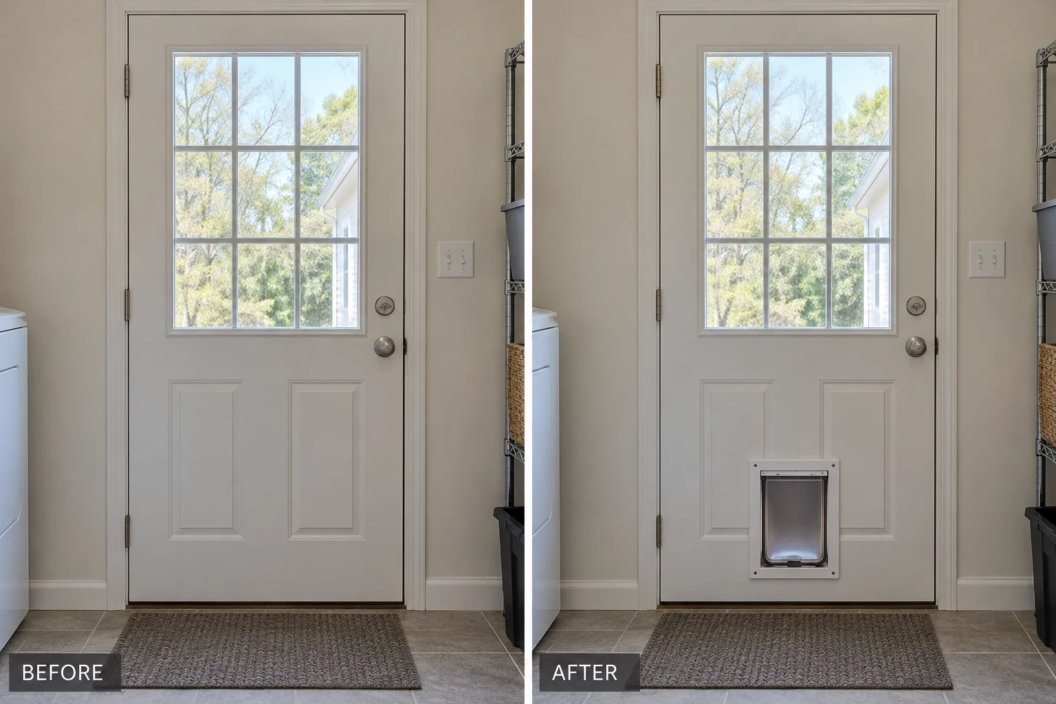 Pet door installation illustration showing the same door before and after fitting a small pet flap