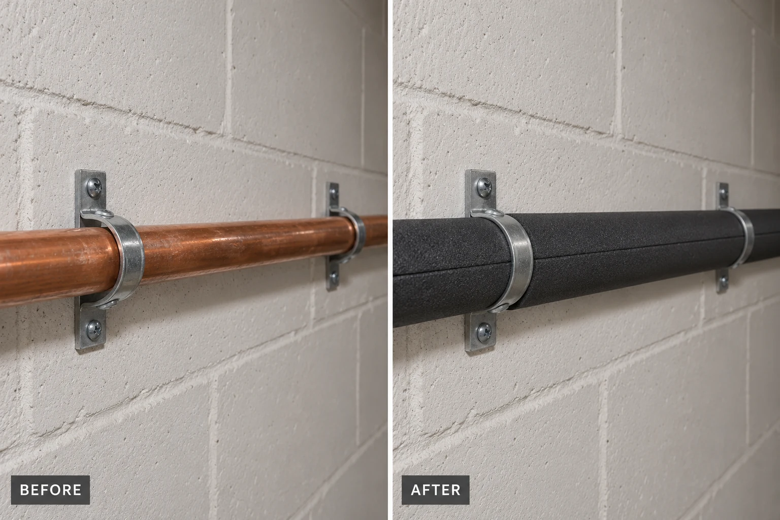 Pipe Insulation Installation: illustrative before-and-after comparison of the same setting