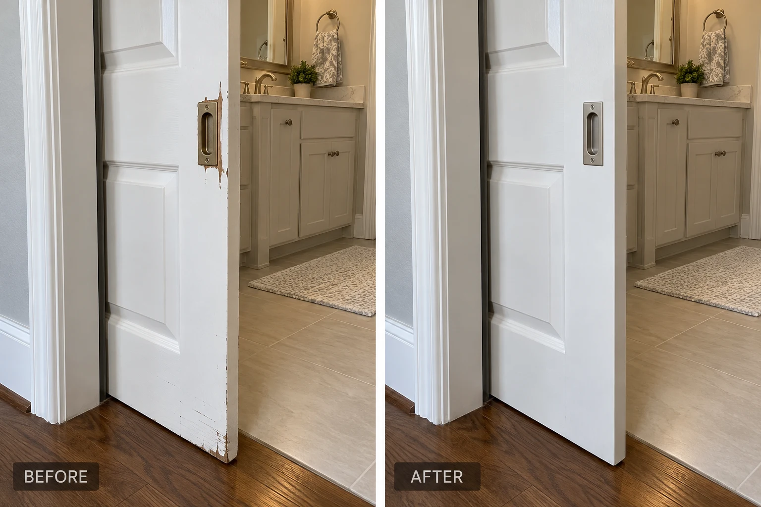 Pocket Door Installation & Repair Pocket door repair illustration showing worn paint and a recessed pull before and after repair