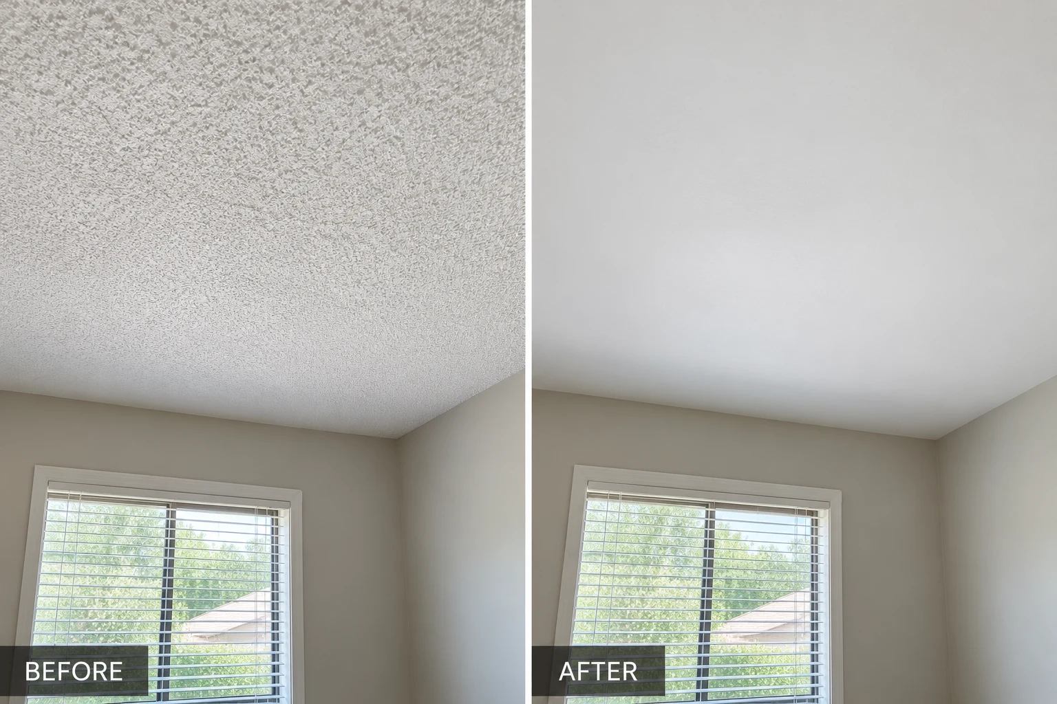 Popcorn ceiling removal illustration comparing a textured ceiling with a smooth finished ceiling