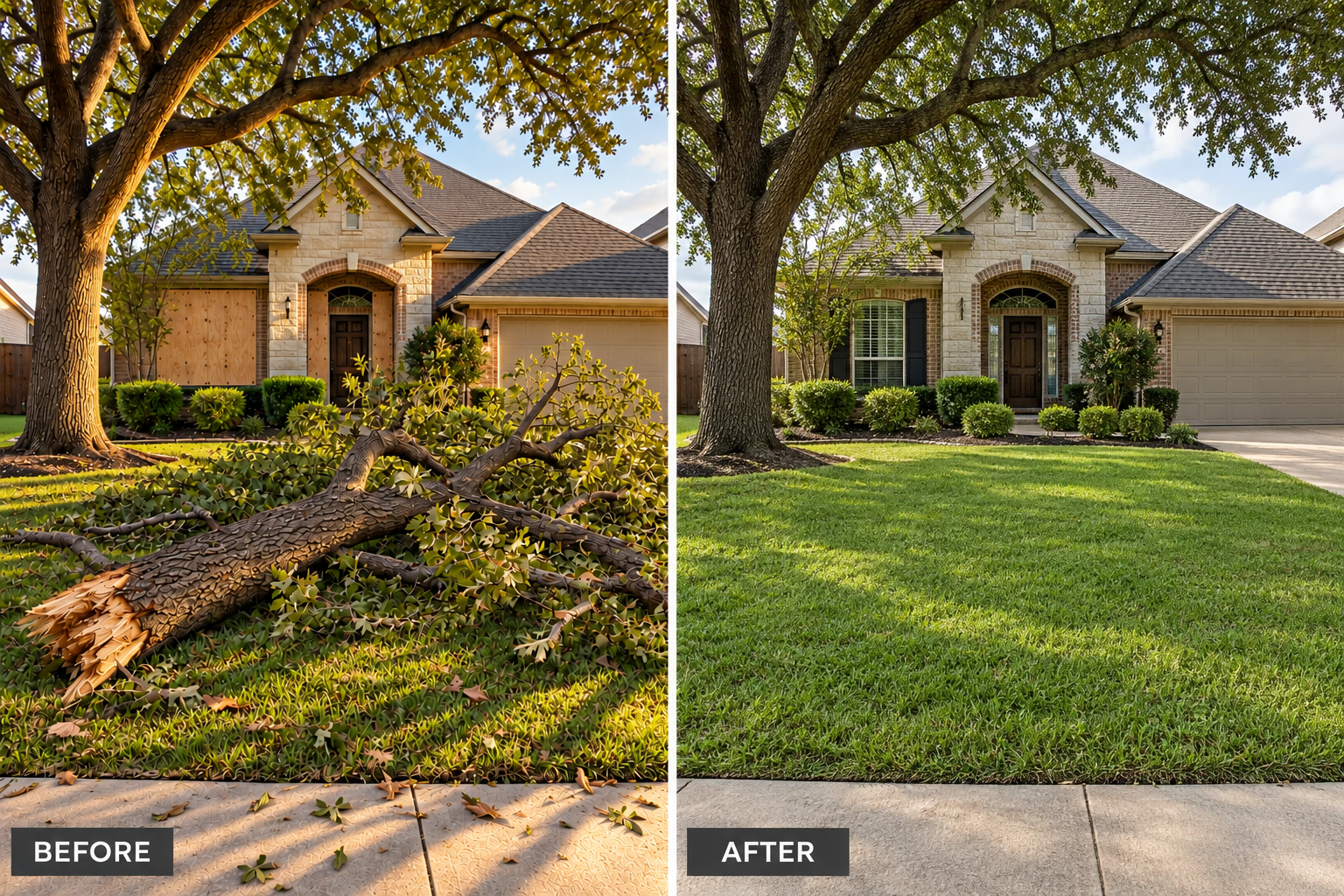 Post-Storm & Hurricane Cleanup: illustrative before-and-after comparison of the same setting