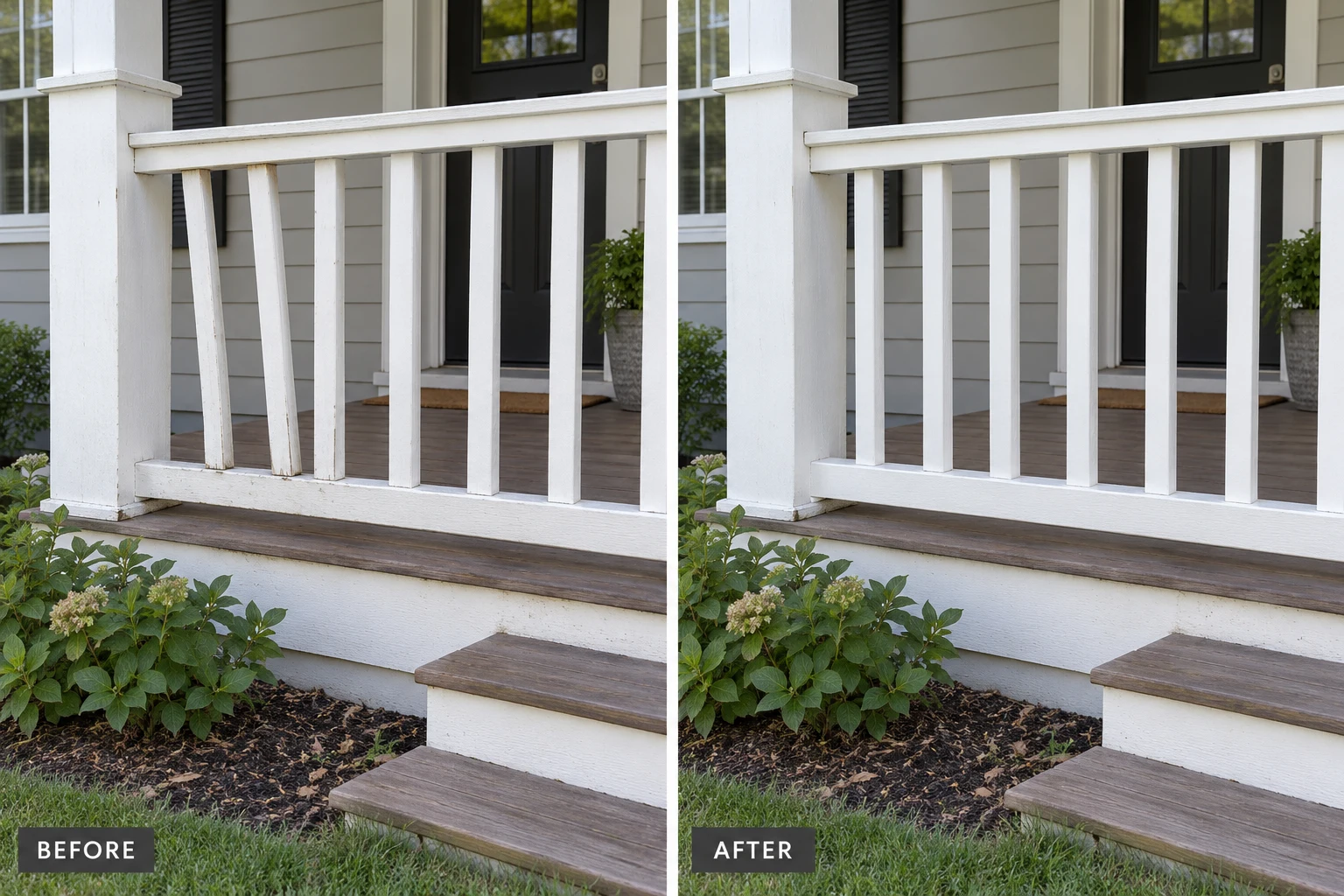 Railing Repair: illustrative before-and-after comparison of the same setting
