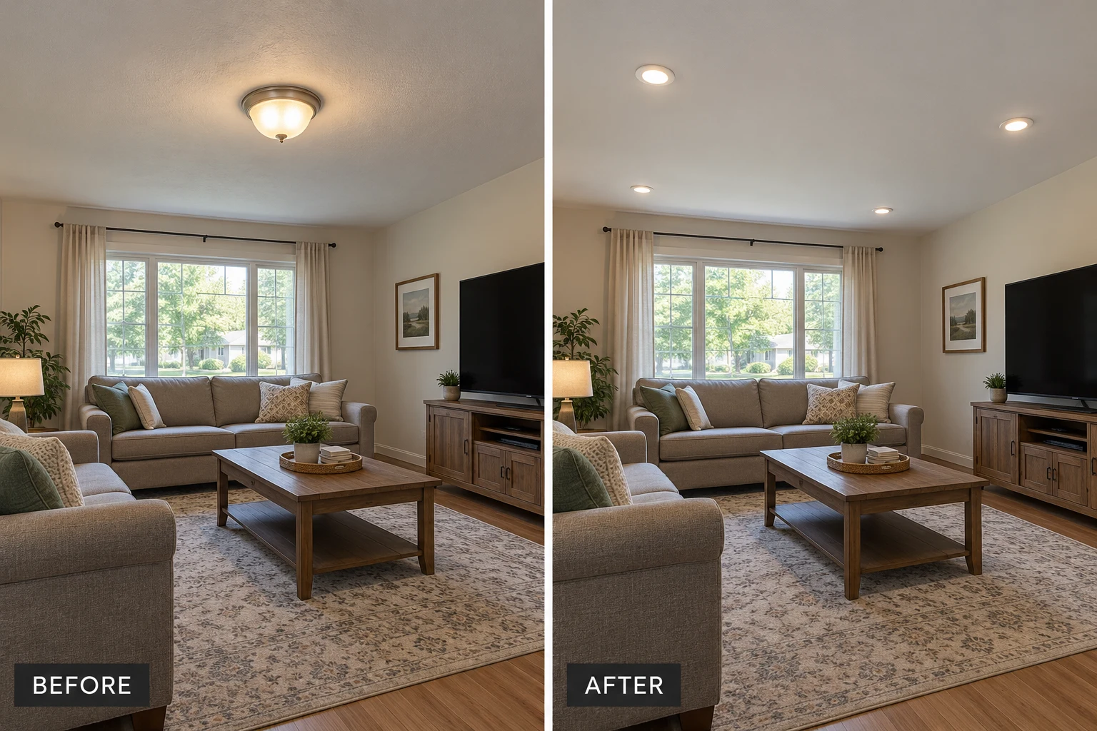 Recessed Lighting Installation Recessed Lighting Installation: illustrative before-and-after comparison of the same setting