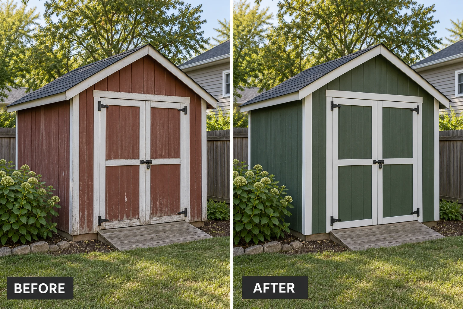 Shed painting staining illustrative before and after comparison showing the same setting before and after the service