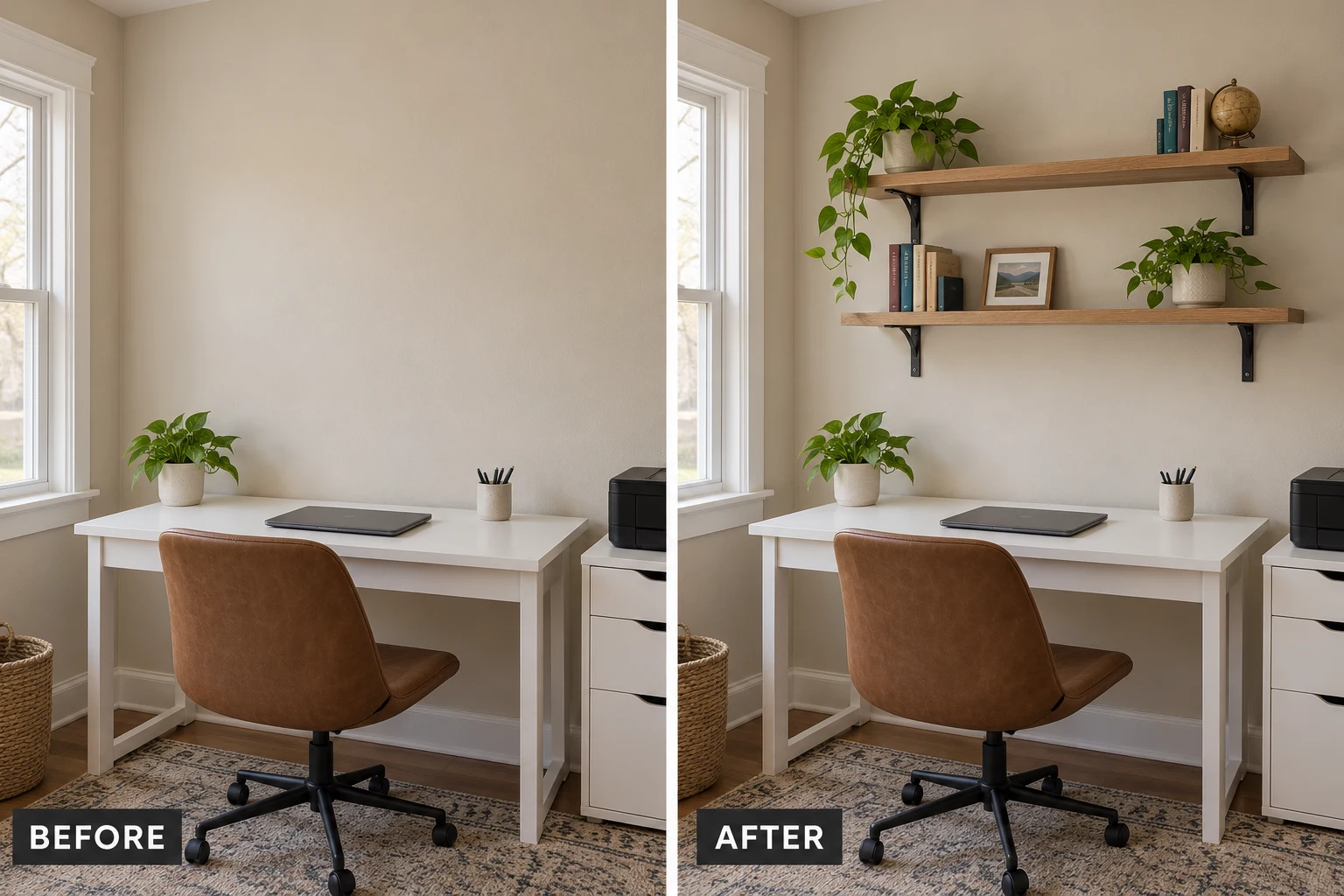Shelf Installation Shelf Installation: illustrative before-and-after comparison of the same setting