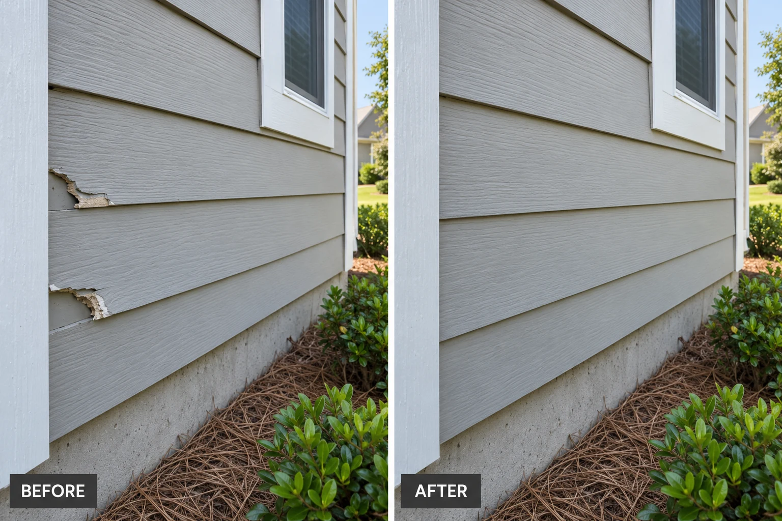 Siding Repair Siding Repair: illustrative before-and-after comparison of the same setting