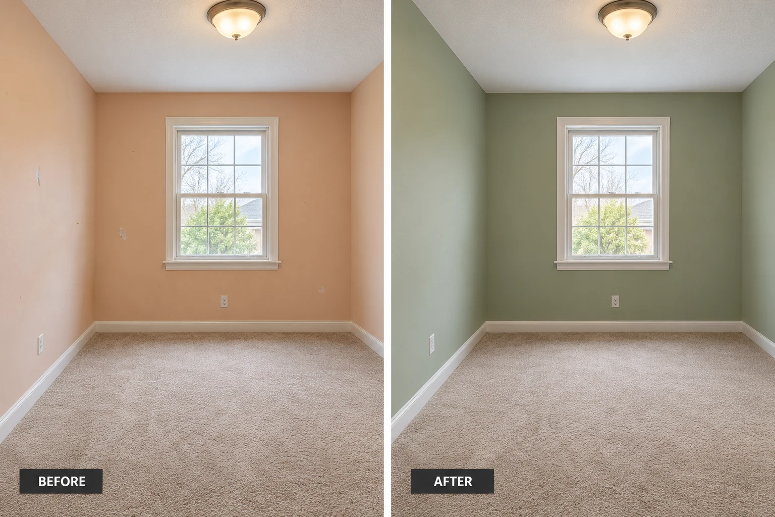 Single room painting illustrative before and after comparison showing the same setting before and after the service
