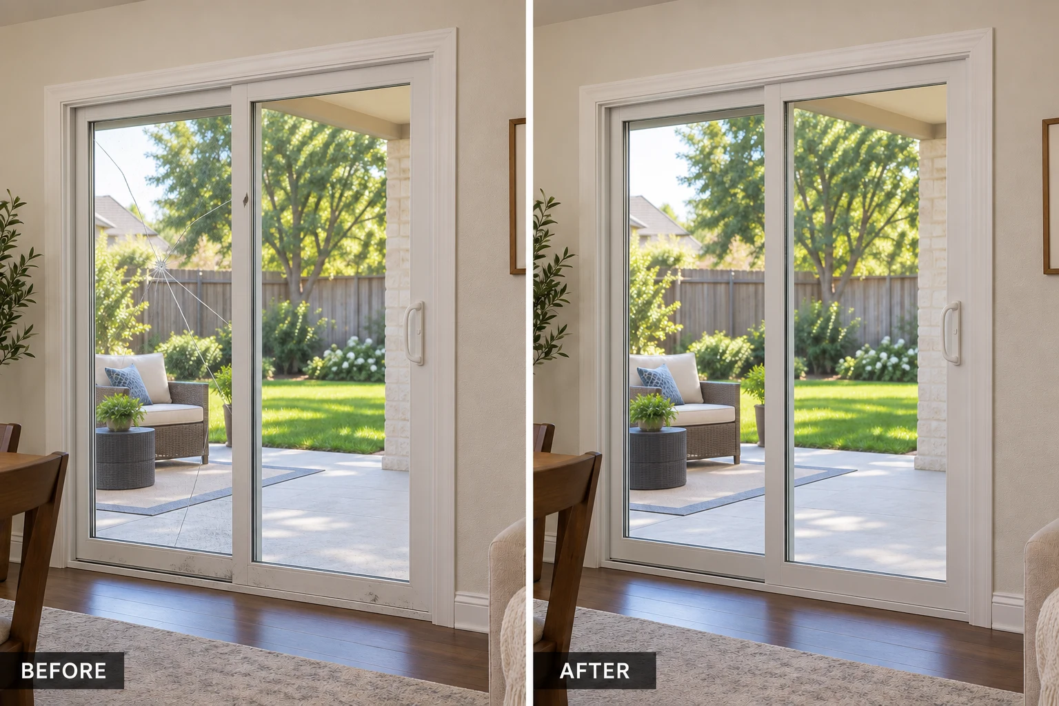 Illustrative sliding door before-and-after comparison: cracked glass and worn lower frame before, intact glass and clean frame afterward