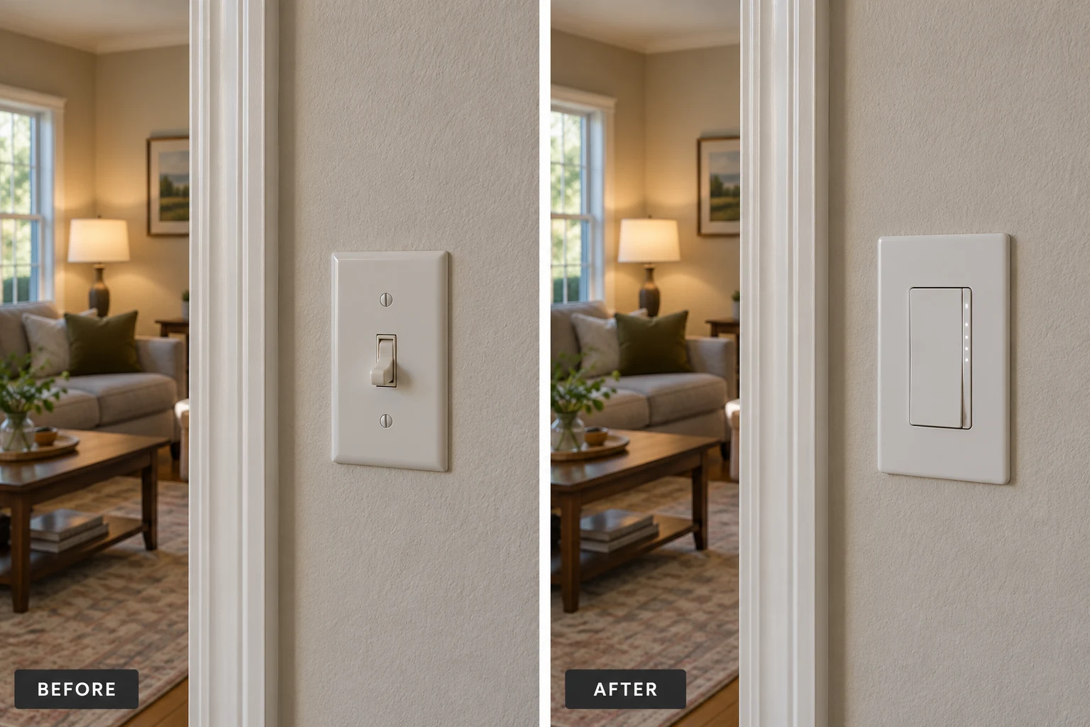 Smart Light Switch & Dimmer Installation Smart Light Switch & Dimmer Installation: illustrative before-and-after comparison of the same setting