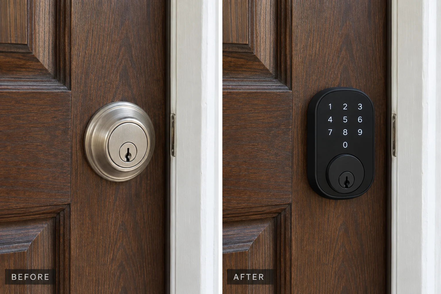 Smart lock installation illustration comparing a keyed deadbolt with a touchscreen lock