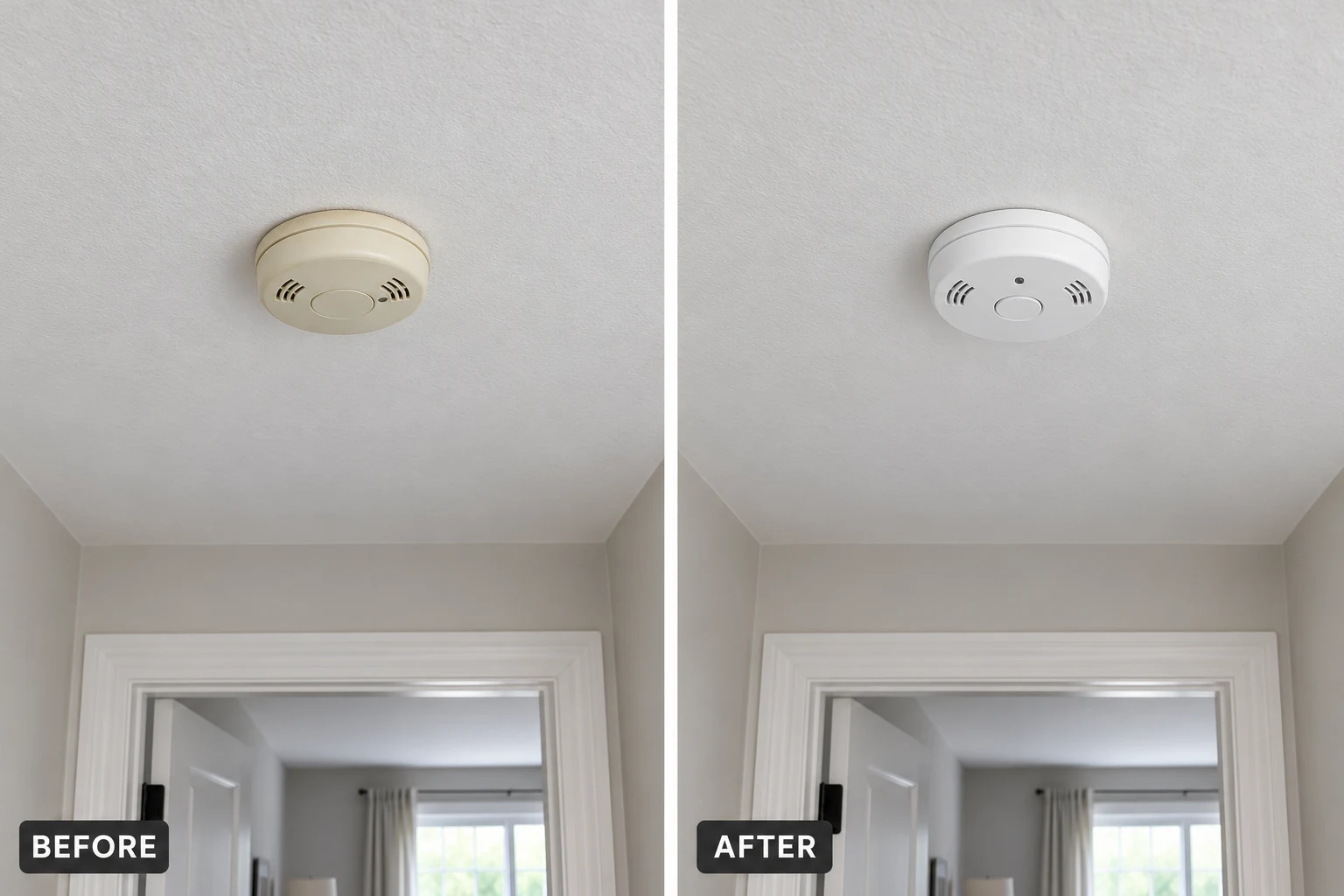 Smoke Detector Installation: illustrative before-and-after comparison of the same setting