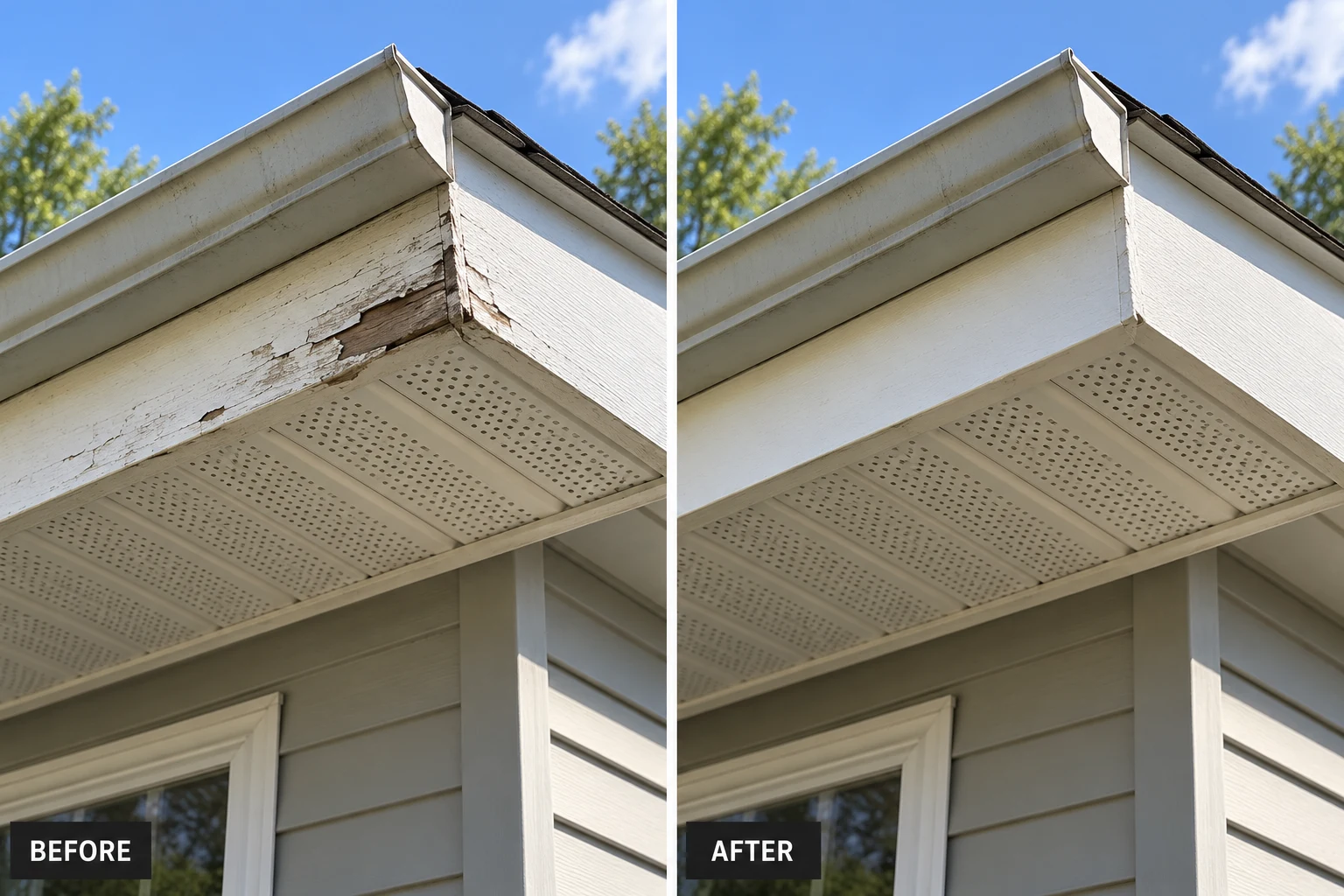 Soffit & Fascia Repair, Replacement and Installation: illustrative before-and-after comparison of the same setting