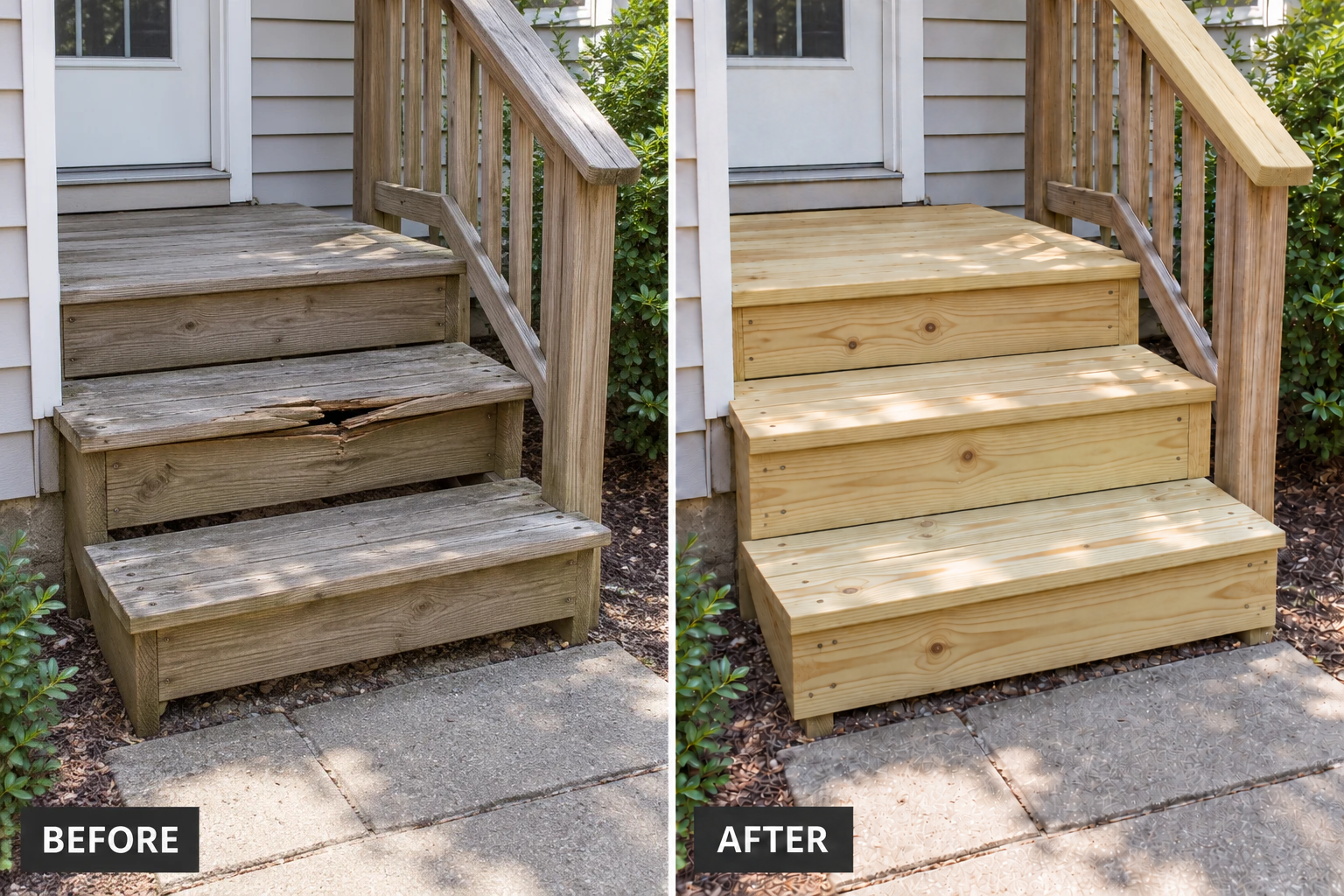 Stair Repair & Installation: illustrative before-and-after comparison of the same setting