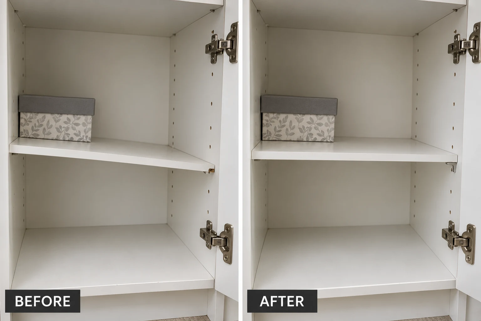 Shelf & Storage Component Repair: illustrative before-and-after comparison of the same setting