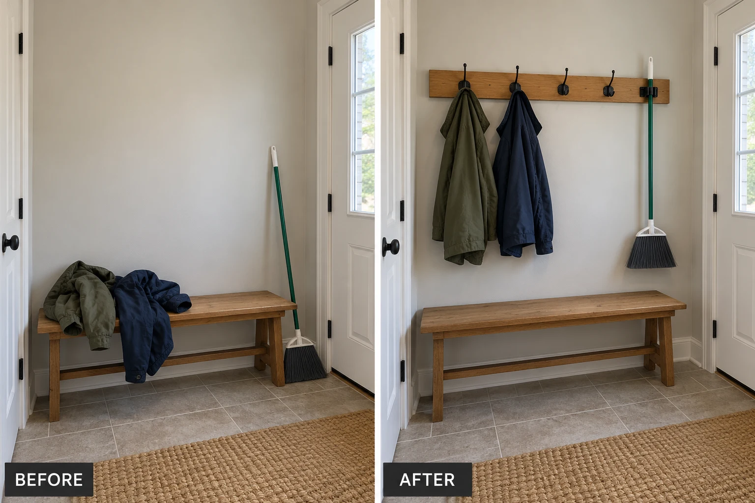 Storage Hooks & Racks Storage Hooks & Racks: illustrative before-and-after comparison of the same setting