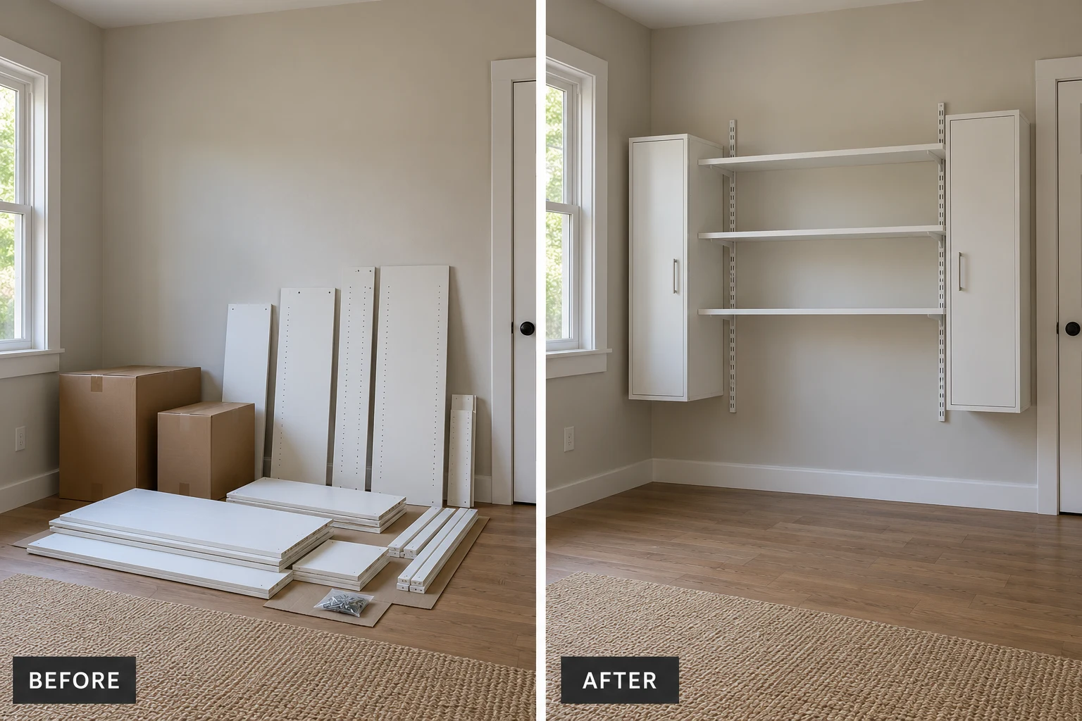 Storage System Assembly & Installation: illustrative before-and-after comparison of the same setting
