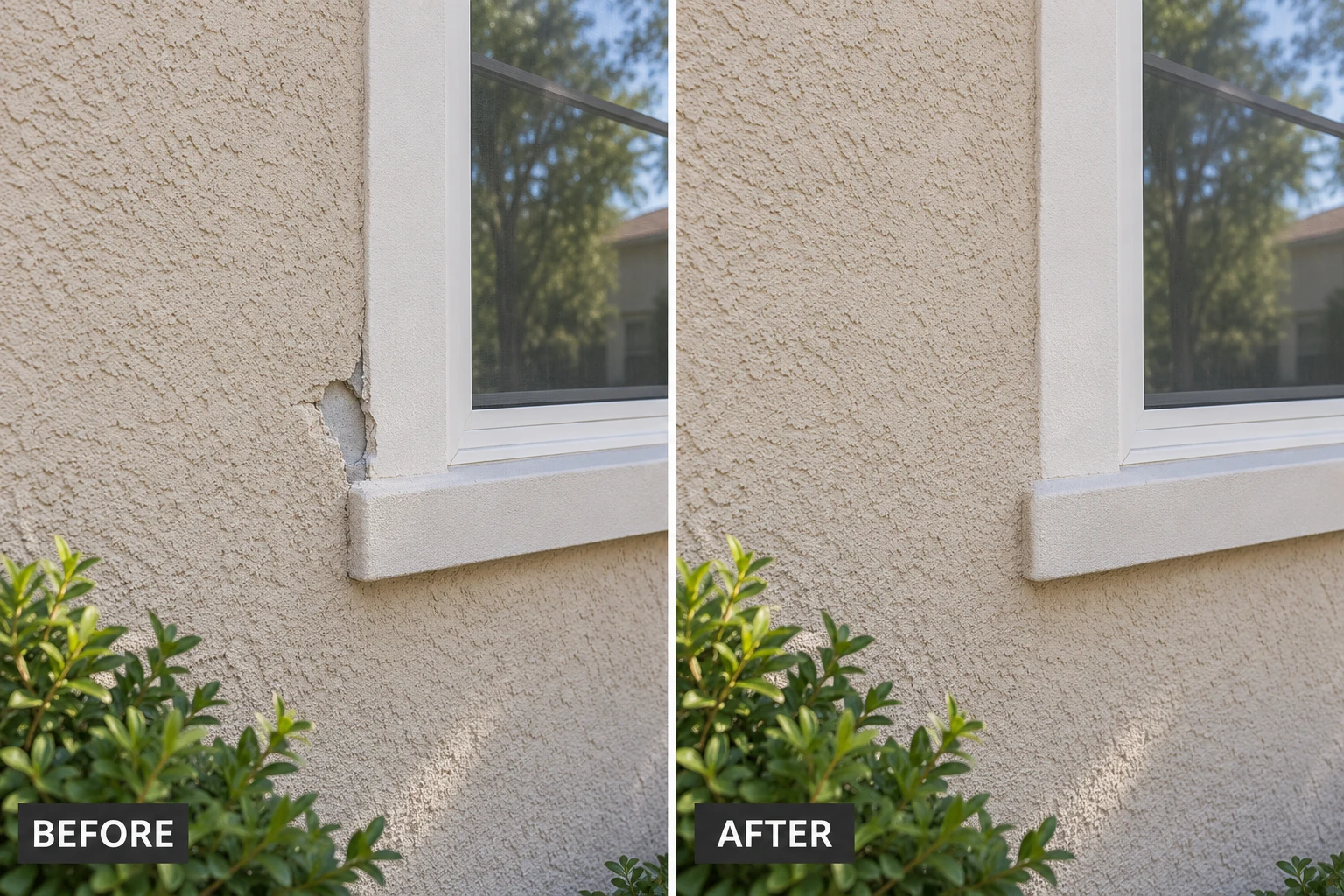 Stucco Repair Stucco Repair: illustrative before-and-after comparison of the same setting