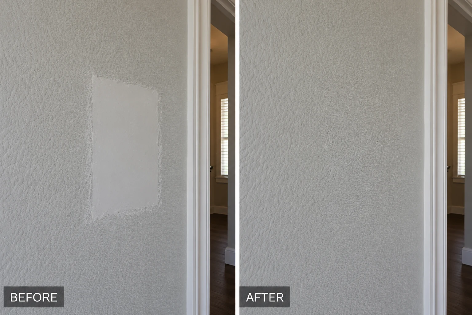 Texture matching illustration comparing a smooth wall patch with a finish blended into surrounding texture