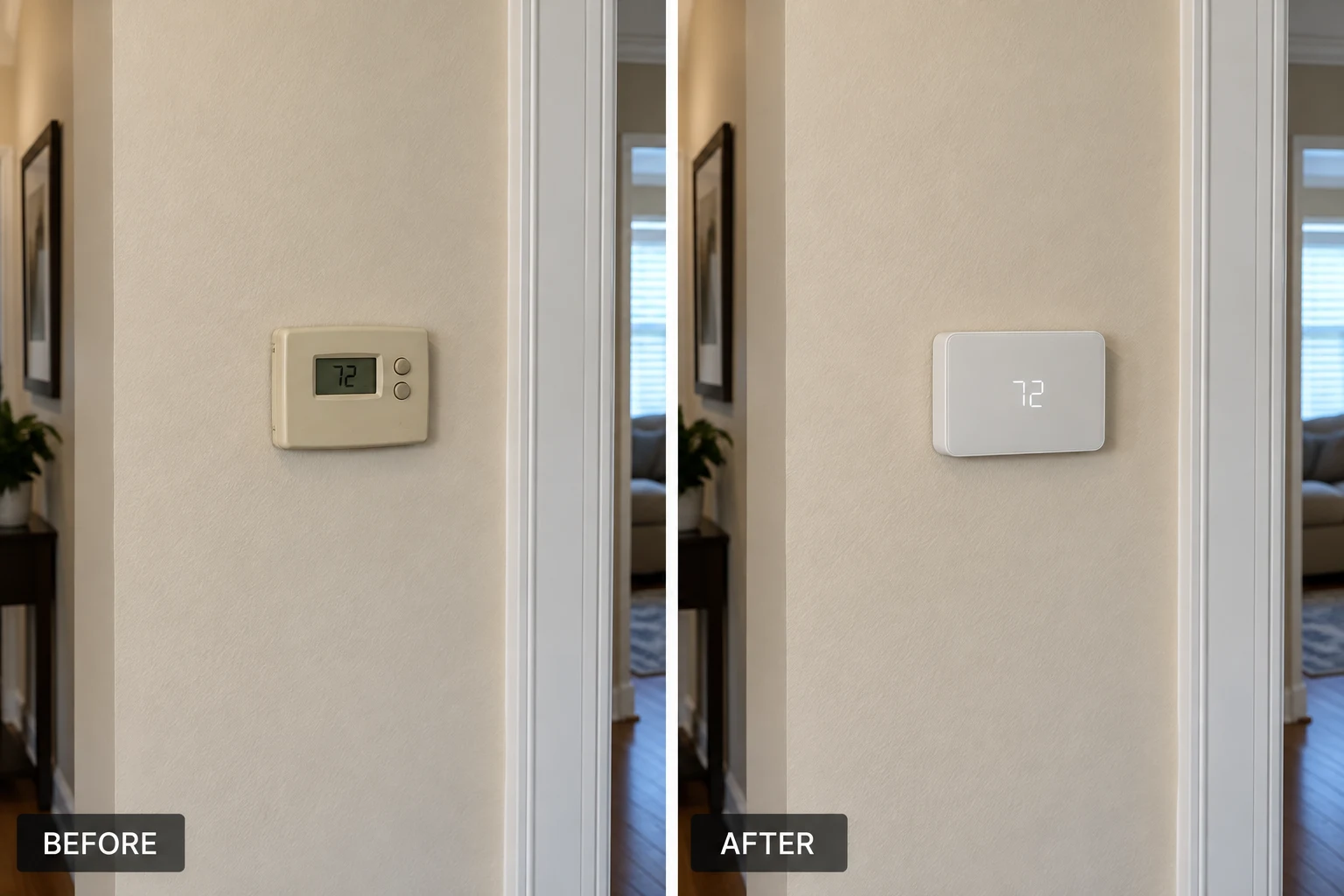 Smart Thermostat Installation Smart thermostat installation illustration showing an older digital thermostat and its modern replacement