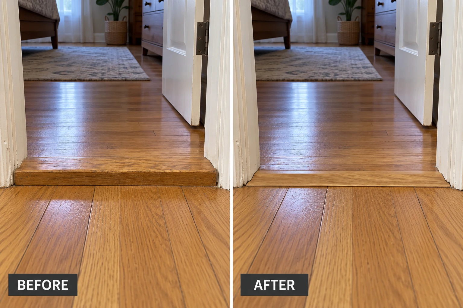 Threshold Lowering & Trip-Hazard Removal: illustrative before-and-after comparison of the same setting