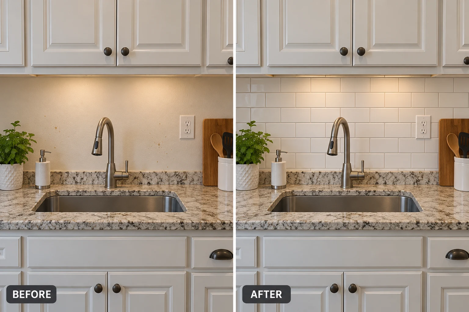 Tile Backsplash Installation Tile Backsplash Installation: illustrative before-and-after comparison of the same setting