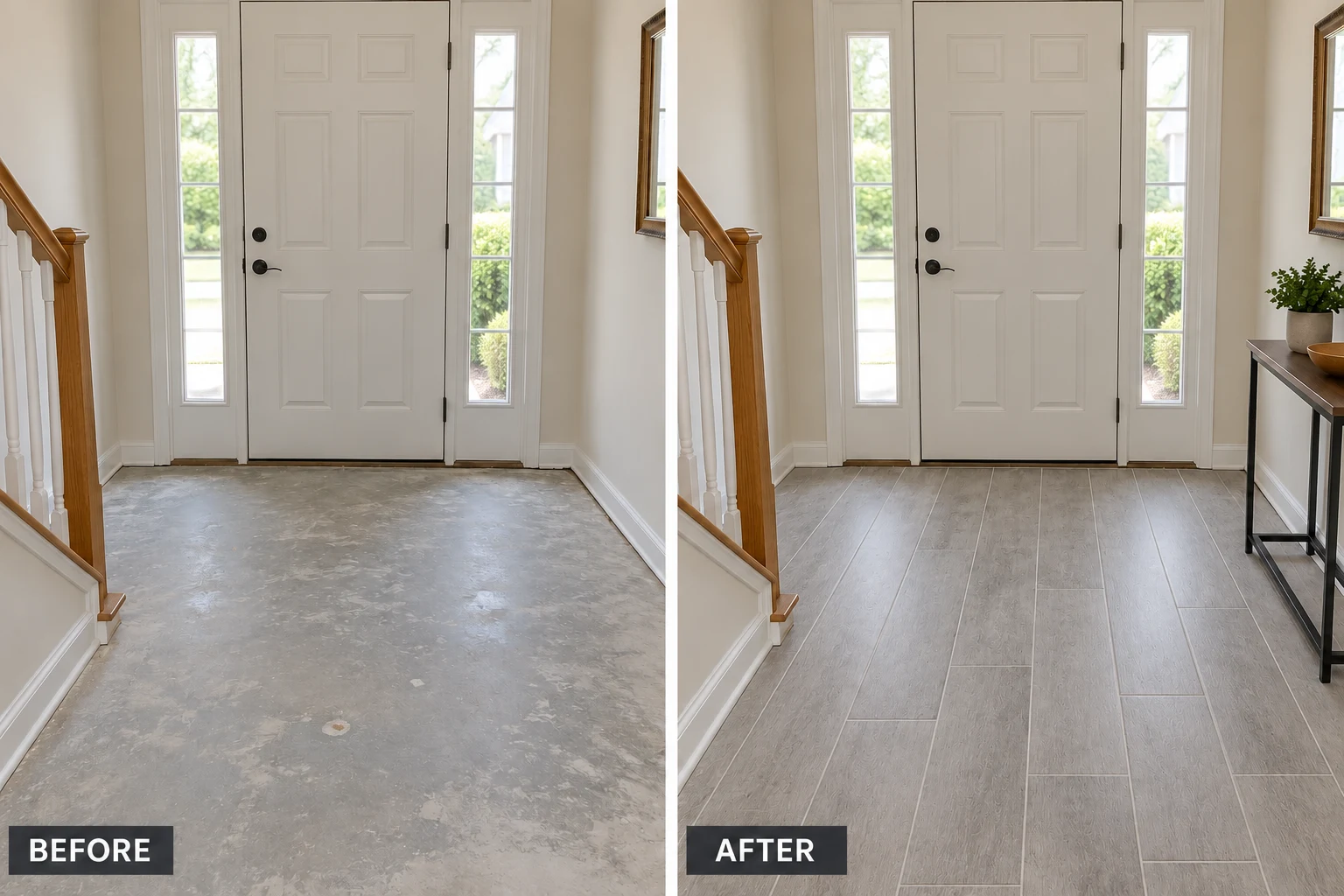 Floor Tile Installation & Repair: illustrative before-and-after comparison of the same setting