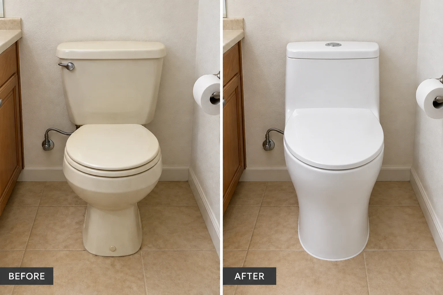 Toilet Installation & Repair Toilet Installation & Repair: illustrative before-and-after comparison of the same setting
