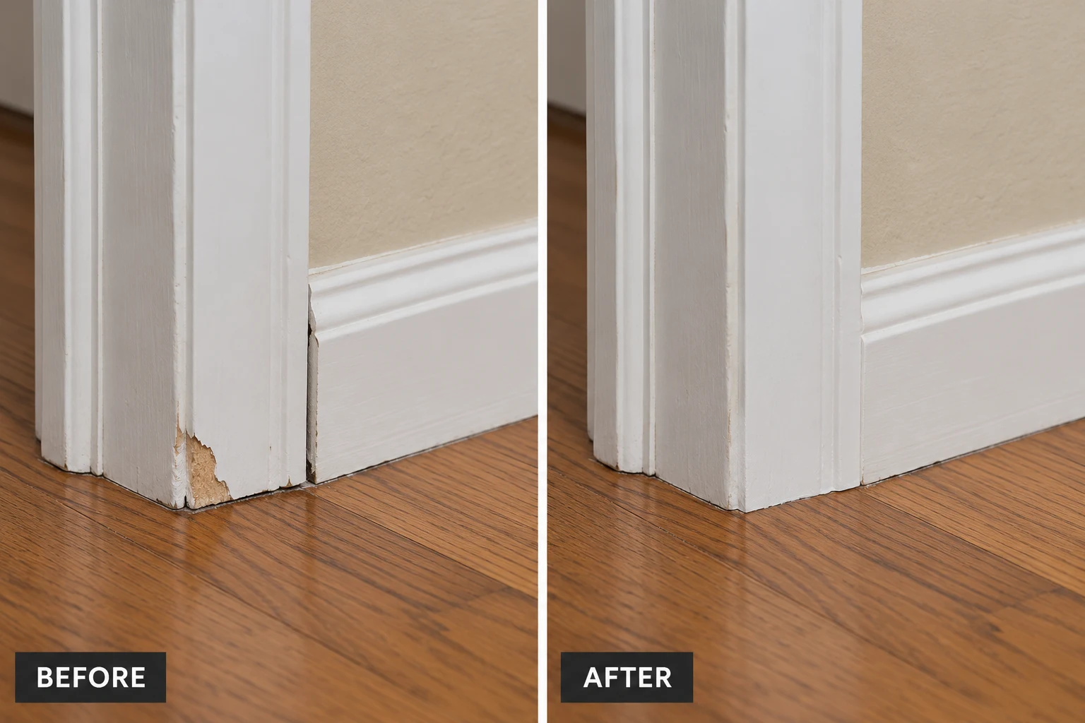 Trim & Molding Repair Trim & Molding Repair: illustrative before-and-after comparison of the same setting