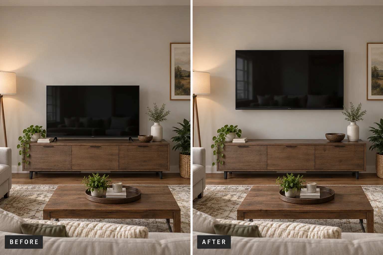 TV Mounting & Installation TV Mounting & Installation: illustrative before-and-after comparison of the same setting