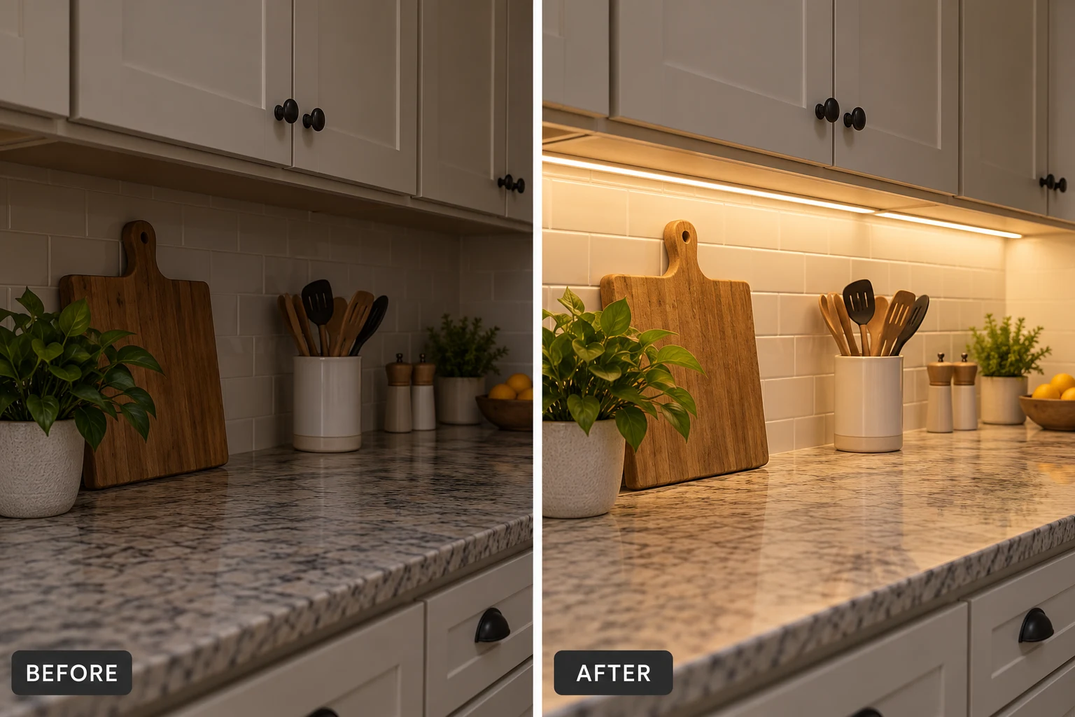 Undercabinet Lighting Installation Undercabinet Lighting Installation: illustrative before-and-after comparison of the same setting