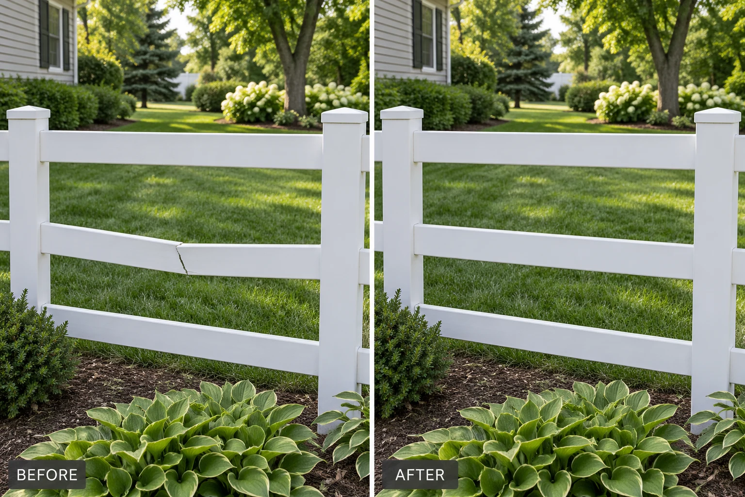 Vinyl Fence Repair Vinyl fence repair illustration showing a cracked rail and a compatible replacement