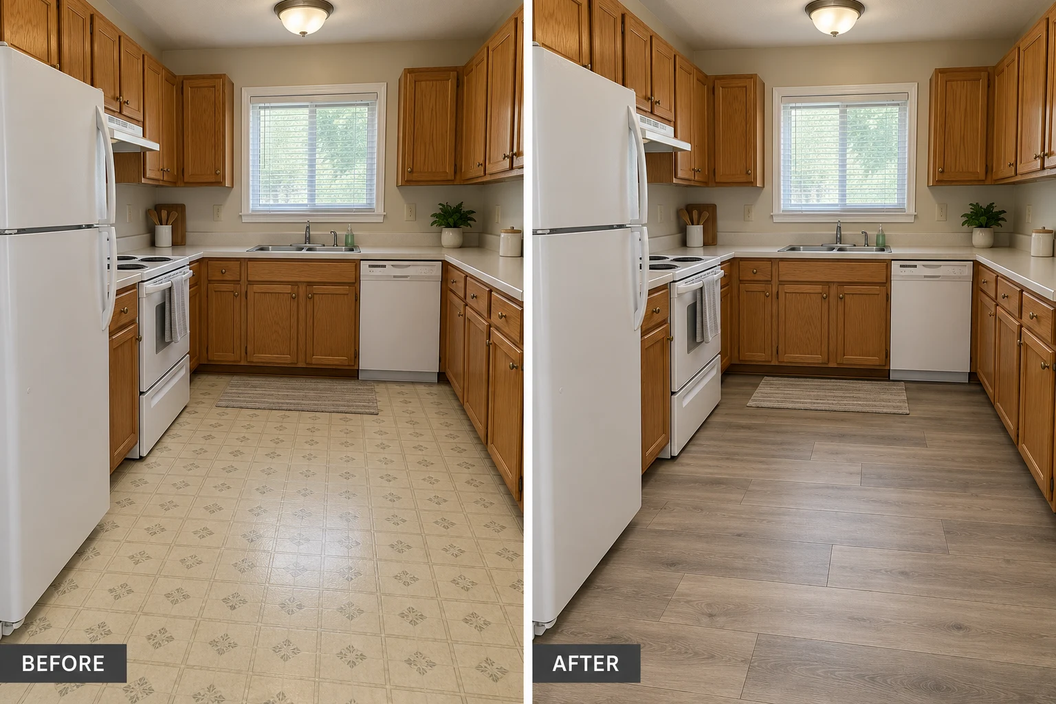 Vinyl Flooring Installation & Repair Vinyl Flooring Installation & Repair: illustrative before-and-after comparison of the same setting