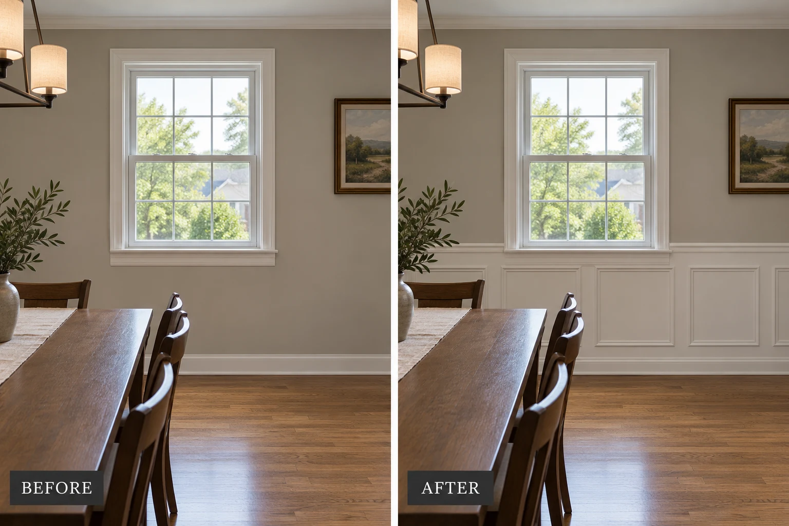 Wainscoting & Wall Panel Installation: illustrative before-and-after comparison of the same setting