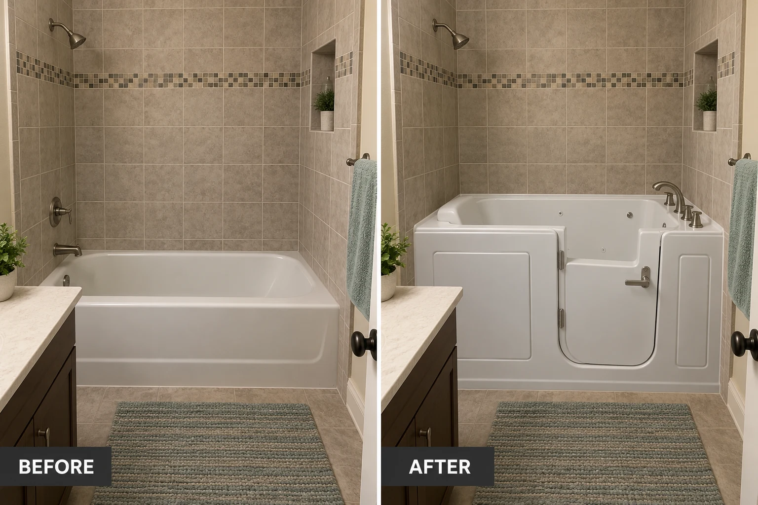 Walk-In Tub Installation & Repair Walk-In Tub Installation & Repair: illustrative before-and-after comparison of the same setting
