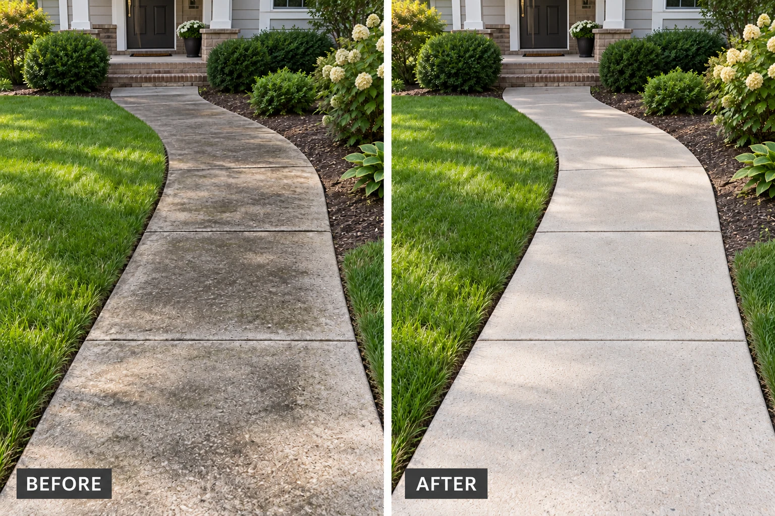 Walkway Pressure Washing Walkway Pressure Washing: illustrative before-and-after comparison of the same setting